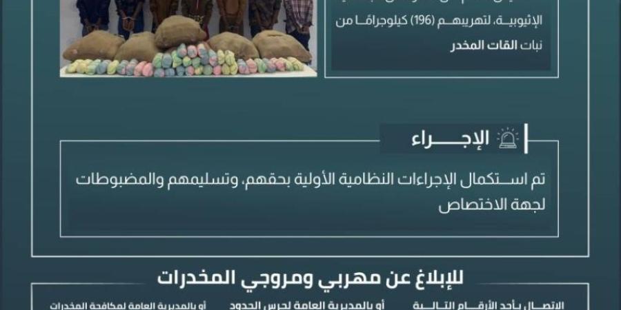 حرس الحدود بعسير يقبض على 7 مخالفين لنظام أمن الحدود لتهريبهم 196 كيلوجرامًا من نبات القات المخدر - خبر صح