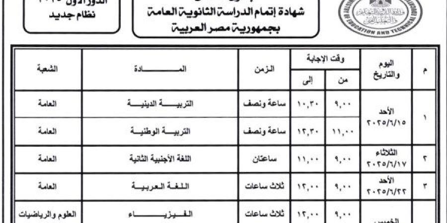 ننشر جدول امتحانات الثانوية العامة 2025 للنظامين "الجديد و القديم" - خبر صح